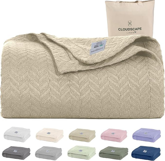 Cloud Scape Linen 100% Cotton Queen Size Blanket, Herringbone Pattern, Lightweight Summer Blanket,Best Gifts for Women, fits Full Size Bed, 92 x 92, Beige Fog