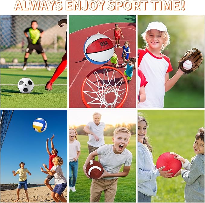 Deekin 12 Pcs Assorted Sport Ball Set Official Size Basketball, Football, Volleyball, Soccer, Baseball, Playground Ball with Bag and Pump Gift for Kid Youth Adult Back to School