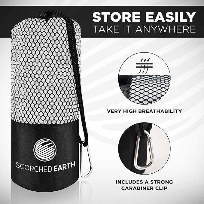 ScorchedEarth Microfiber Travel & Sports Towel Set - Quick Dry, Super Absorbent, Compact, Lightweight - for Camping, Backpacking, Hiking, Beach, Yoga, Swimming - Includes 2 Sizes + Carrying Bag & Clip