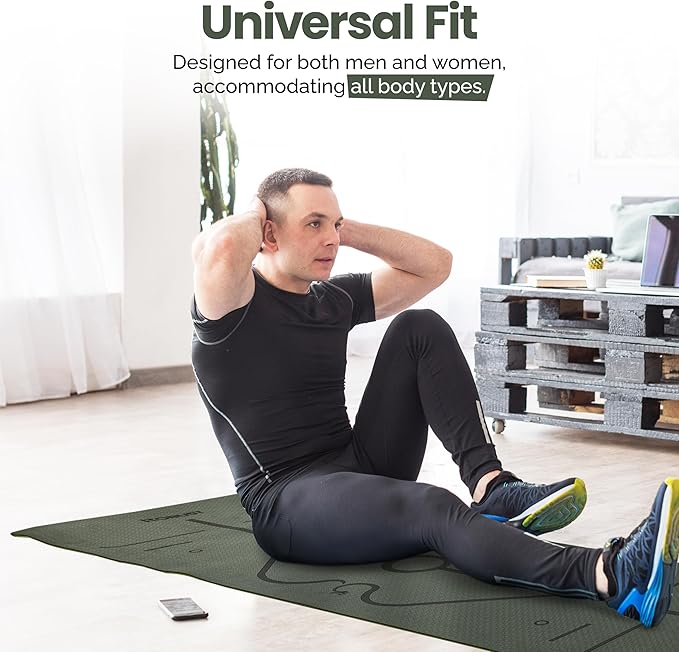 Robust Non-Slip Yoga Mat with Strap, 1/4" Thick TPE Eco-Friendly Workout Mat for Yoga with Position Lines and Texture Surface, Gym Mat for Women, Men, Pilates and Exercises Anti-Tear Sweat-Proof Exercise Mat