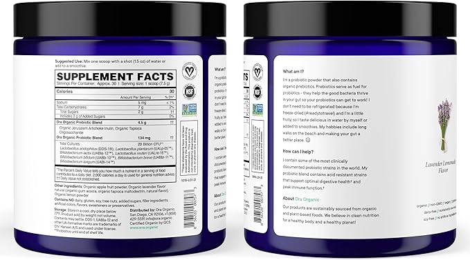 Ora Organic Prebiotic and Probiotic Powder Supplement - 20 Billion Probiotics, 7 Strains for Best Prebiotic Powder, Non-GMO, Probiotics for Women, Men & Kids - Lavender Lemonade Flavor, 30 Servings