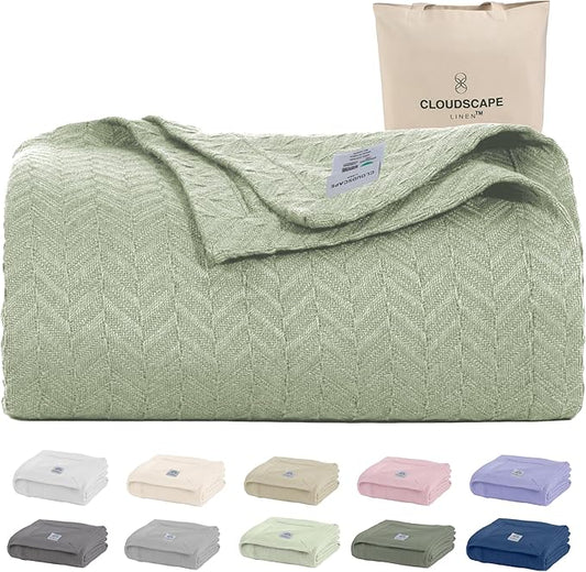 Cloud Scape Linen 100% Cotton Blanket King Size for Bed – Lightweight Summer Blanket, Herringbone Weave,fits California King Size Bed, 92x108,Seafoam Green