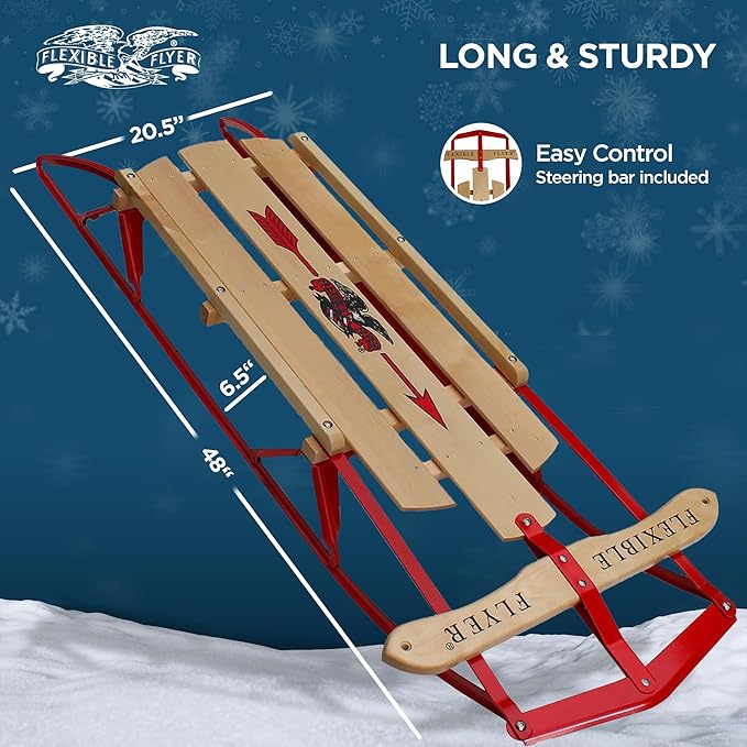 Flexible Flyer Metal Runner Sled. Steel & Wood Steering Snow Slider