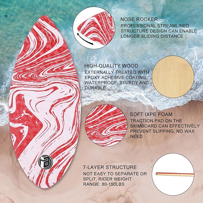 36” Skipper Skimboard with High Gloss Coat Wooden Skim Boards for Beginners, Teenagers and Adults Beach Skimboard 3 Color Traction Pad to Choose