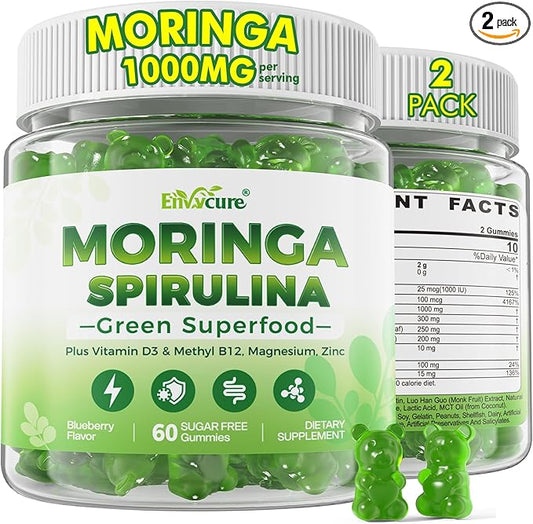 Organic Moringa Spirulina Gummies, Rich in Antioxidants, Essential Vitamins & Amino Acids, Pure Moringa Oleifera Leaves with Wheatgrass & Chlorella for Energy & Immunity, Green Superfood, 120 Cts