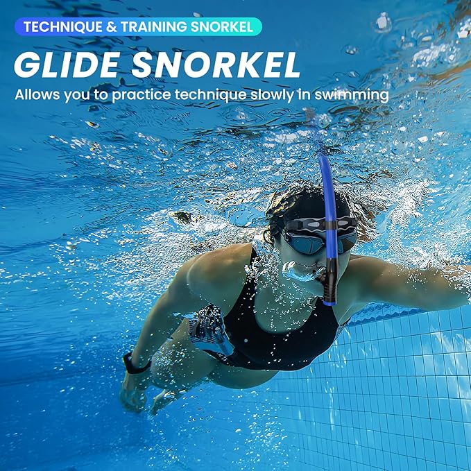 Swimmer's Snorkel for Lap Swimming, Adult Snorkeling Gear Swim Training, Center-Mount Silicone Mouthpiece One-Way Purge Valve in Pool and Open Water