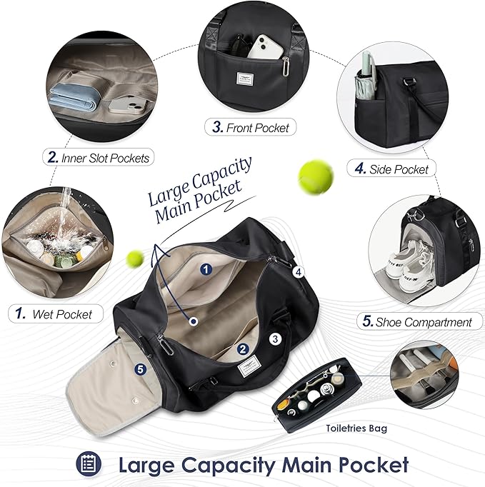 FIORETTO Womens Gym Tote Duffle Bag with Toiletry Bag, Sports Duffel Overnight Hospital Workout Carry on Bag for Girls with Wet Pocket & Shoe Compartment, Ideal for Travel, Swimming, Dance Black