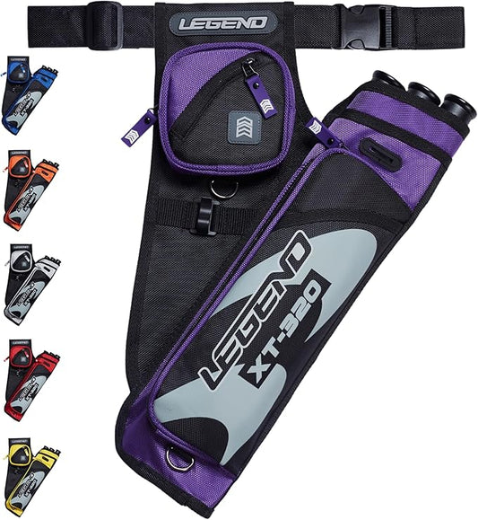 LEGEND XT320 Archery Quivers - Nylon Hip Quivers with 3 Arrow Tube Cases for Target Shooting - Adjustable Waist Belt, T-Slot, Storage Compartments for Accessories, Gear, Tools, Release Tab, Score Card