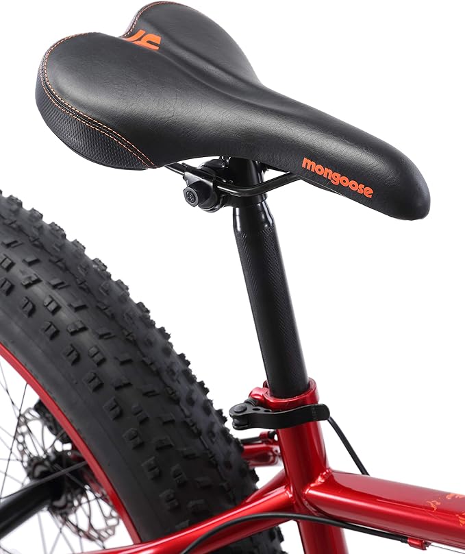Mongoose Aztec Mens and Womens Fat Tire Bike, 18-Inch Steel Frame, 26-Inch Wheels, 4-Inch knobby tires, Red
