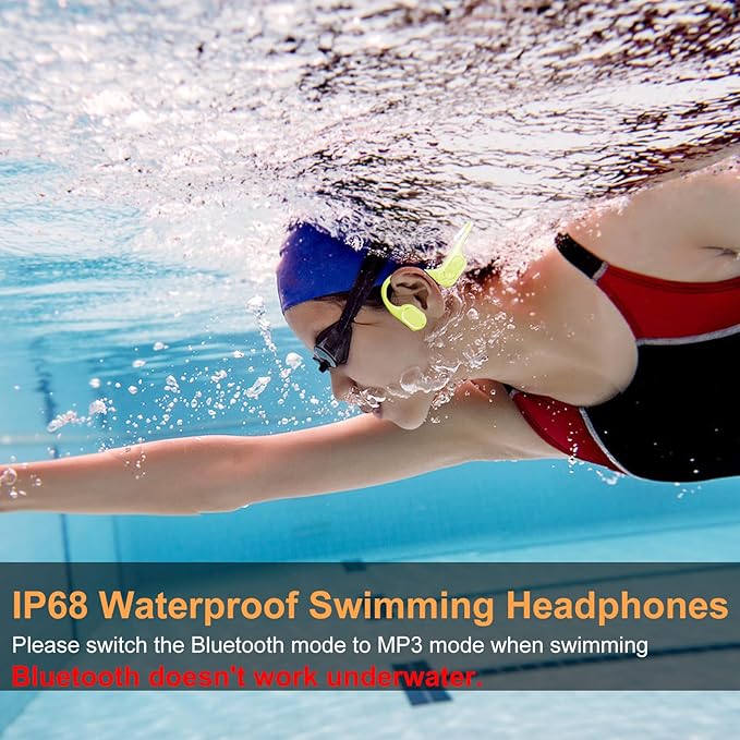 Bone Conduction Bluetooth Headphones-SurfAudio, IP68 Waterproof Swimming Headphones with 32GB MP3 Player, Lightweight Open Ear Design for Swimming/Surfing/Marathon/Cycling(Neon)