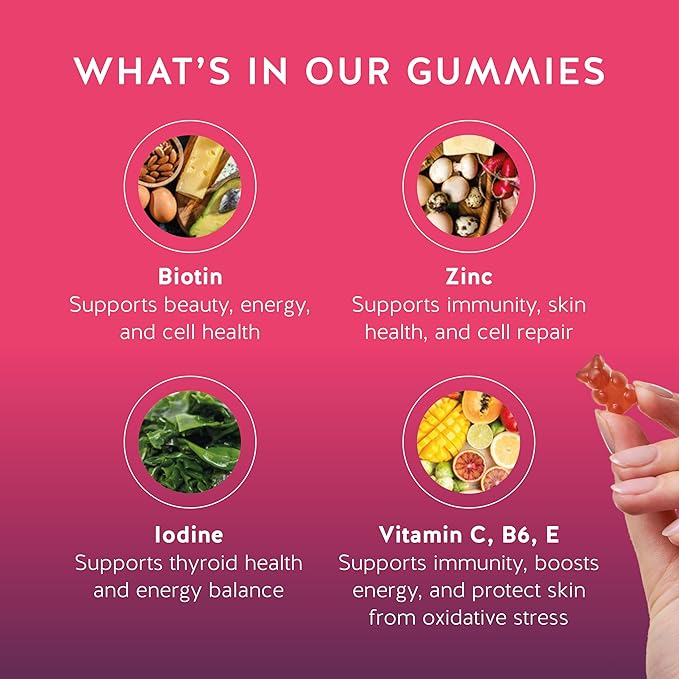 Biotin Gummies for Hair, Skin & Nails. 5,000 mcg High Potency Vegan Vitamins for Faster Hair Growth, Stronger Nails & Healthy Skin. with Vitamins C & E, 60 Gummies