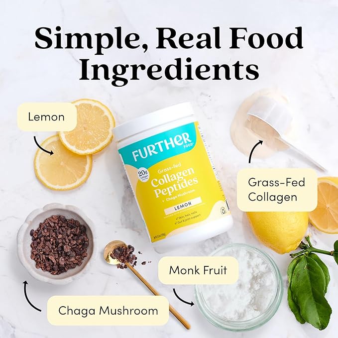 Further Food Lemon Collagen Peptides Powder, Grass-Fed Pasture-Raised Hydrolyzed Type 1 & 3 Protein, Gut Health + Joint, Hair, Skin, Nails, Paleo Keto Sugar-Free 10.50 oz