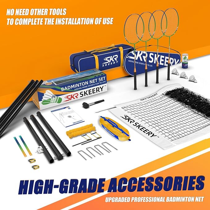 Professional Badminton Set with Winch System,Portable Badminton Net includes Carbon Aluminum Badminton Rackets Set of 4,3 Shuttlecocks and Carrying Bag,Badminton Sets for Backyards,Beach
