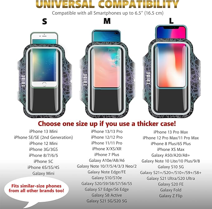 TRIBE Water Resistant Cell Phone Armband Case Running Holder for iPhone Pro Max Plus Mini SE (13/12/11/X/XS/XR/8/7/6/5) Galaxy S Ultra Plus Edge Note (21/20/10/9/8/7/6/5) Adjustable Strap & Key Pocket