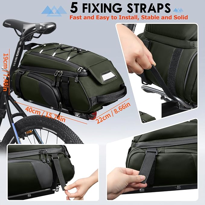 RAINSMORE Bike Bags for Bicycle Rear Rack 15L Waterproof Bike Ebike Trunk Pannier Saddle Bag with Rain Cover Bike Accessories Backpack Shoulder Bag for Commuter Travel Outdoor, Green