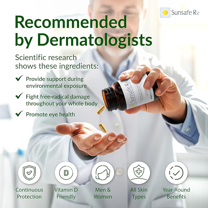 Sunsafe Rx Anti Aging Supplement: Natural Skin Protection Pills with Antioxidants for a Youthful Appearance & Eye Health + Vitamins, Minerals, & 250mg Polypodium Leucotomos (60 Capsules)