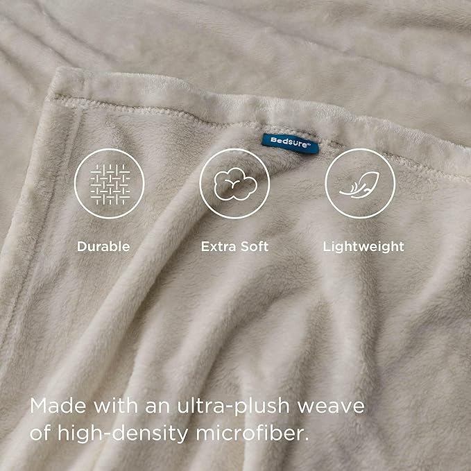 Bedsure Fleece Bed Blankets Queen Size Oxford Tan - Soft Lightweight Plush Fuzzy Cozy Luxury Blanket Microfiber, 90x90 inches