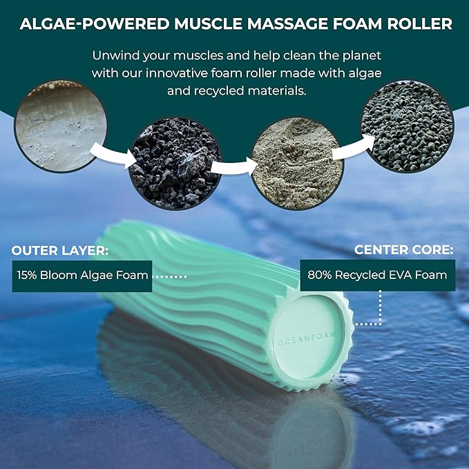 Oceanfoam Ripple Travel Foam Roller (11" x 3.35") Firm Mini Foam Roller for Physical Therapy, Deep Tissue Massage, Back Pain - High Density, Ergonomic Wave Textured - Yoga, Pilates, Exercise (Seafoam)