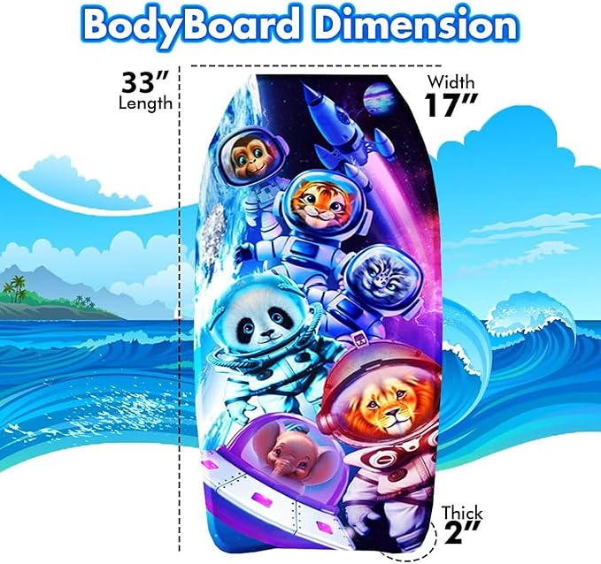 PMU 33 Inch Space Animals Printed Bodyboard - Lightweight Wrist Leash Body Board for Beach, Sea & Pool - Surfing Board for Teens & Adults Wave Conditions Pkg/1