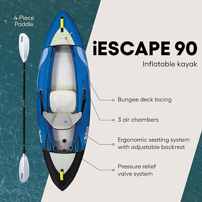 Pelican iESCAPE Inflatable Kayak - Recreational Kayak - Compact, Stable and Fun All in One - for 1 or 2 Person