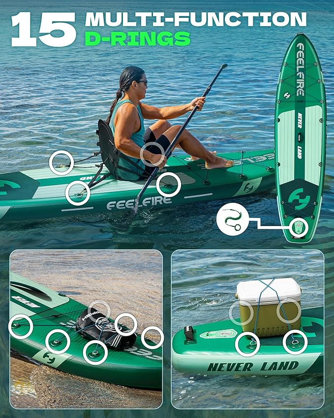 Feelfire11'x34” Extra Wide Inflatable Paddleboard, Stand-up Paddle Board for Adults, 420lb Capacity for Yoga/Fishing/Family, EVA Deck, US Fin, High-Pressure Pump, Storage Backpack, Safety Leash