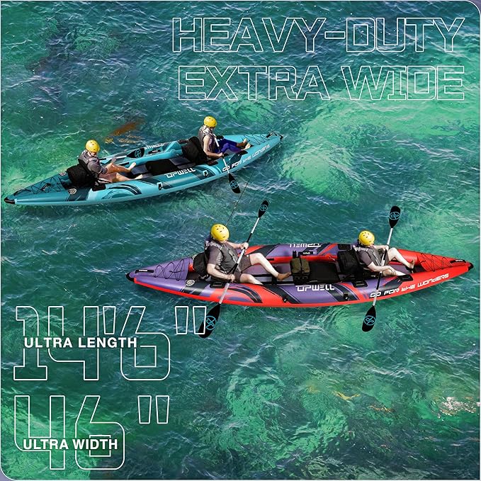 UPWELL 11'/14'6”Inflatable Kayak with Drop Stitch Floor and Accessories Including Kayak Seat with Thickened Cushion, Paddle, Fin, Repair Kits, Carry Bag and Hand Pump