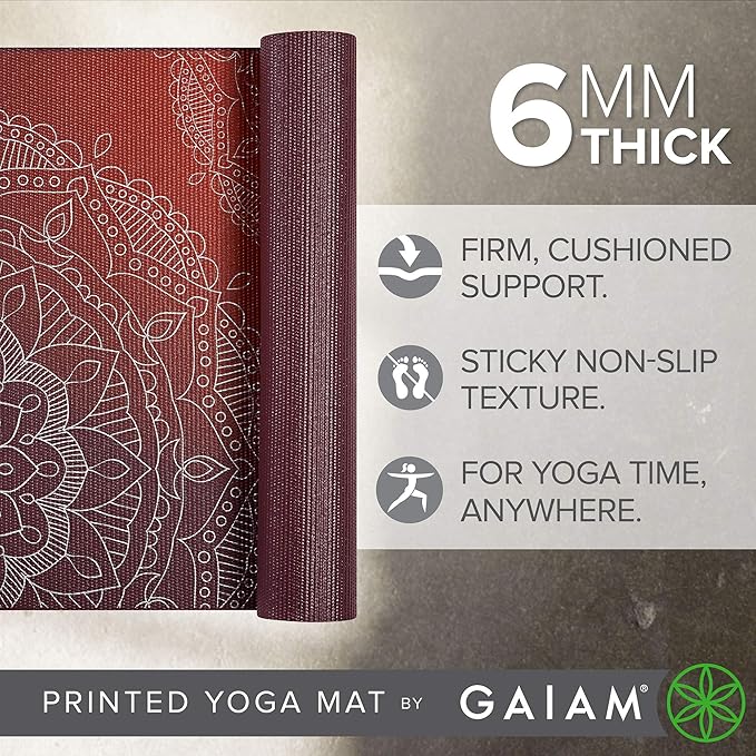 Gaiam Yoga Mat - Premium 6mm Print Extra Thick Non Slip Exercise & Fitness Mat for All Types of Yoga, Pilates & Floor Workouts (68"L x 24"W x 6mm Thick)