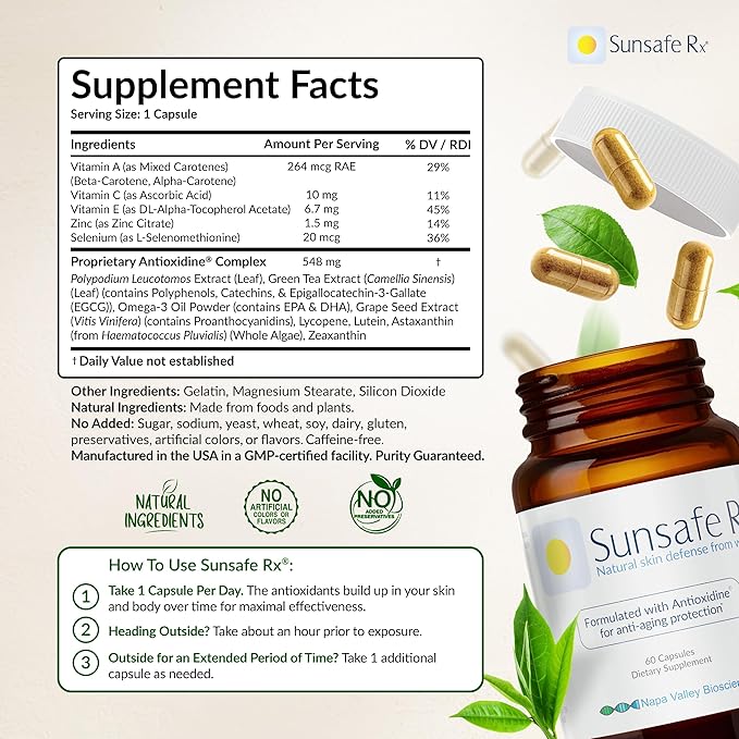Sunsafe Rx Anti Aging Supplement: Natural Skin Protection Pills with Antioxidants for a Youthful Appearance & Eye Health + Vitamins, Minerals, & 250mg Polypodium Leucotomos (30 Capsules)