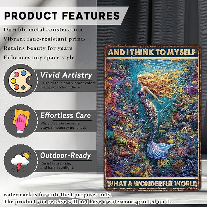 Retro Mermaid Tin Sign And I Think to Myself What a Wonderful World Vintage Metal Poster Funny Wall Art Toilet Bathroom Man Cave Bar Cafe Indoor Room Garage 12 * 8inch