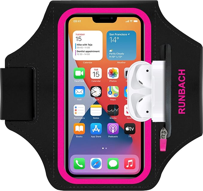 Armband for iPhone 16 Pro Max/16 Plus/15 Pro Max/15 Plus/14 Pro Max/13,12,11,Pro Max/Plus Models,Sport Armband with Zipper Slot for Airpods and Keys (Pink)