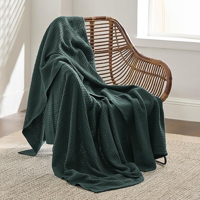 Bedsure 100% Cotton Large Throw Blanket for Couch 50x70 inches - Breathable and Soft, Waffle Weave Throw Blanket for Office, Dark Green