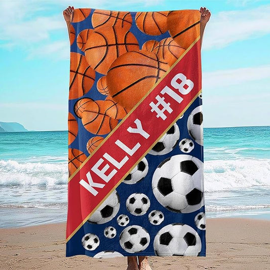 Personalized Beach Towel With Name, Custom Beach Towel with Text, Customized Basketball Football Microfiber Pool Towel, Quick Dry & Absorbent Swim Towel for Adult,Anniversary, Birthday, Summer Holiday