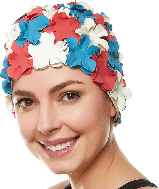 BEEMO Floral Petal Ladies Bathing Swim Cap Women Retro Swim Hat Long/Short Hair