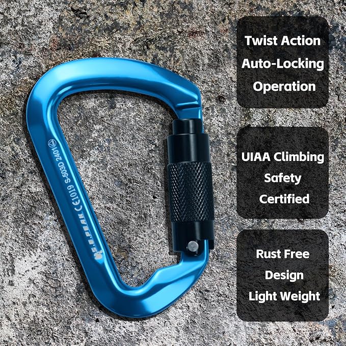 SEPEAK UIAA 30kN Climbing Carabiner Clips, Professional Heavy Duty Twist Locking Carabiners for Climbing,Mountaineering, Rappelling, Camping, Hiking, Swings, Large D Ring Hooks