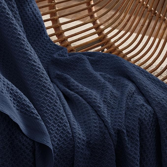 Bedsure 100% Cotton Blanket King Size for Bed - Breathable and Soft, Waffle Weave Blanket for Summer, Thick Cozy Fall Blankets for Women Gift, Pageant Blue, 104x90 inches