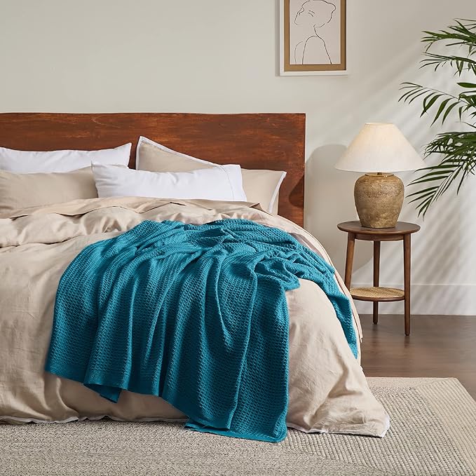 Bedsure 100% Cotton Blanket King Size for Bed - Breathable and Soft, Waffle Weave Blanket for Summer, Thick Cozy Fall Blankets for Women Gift, Teal, 104x90 inches