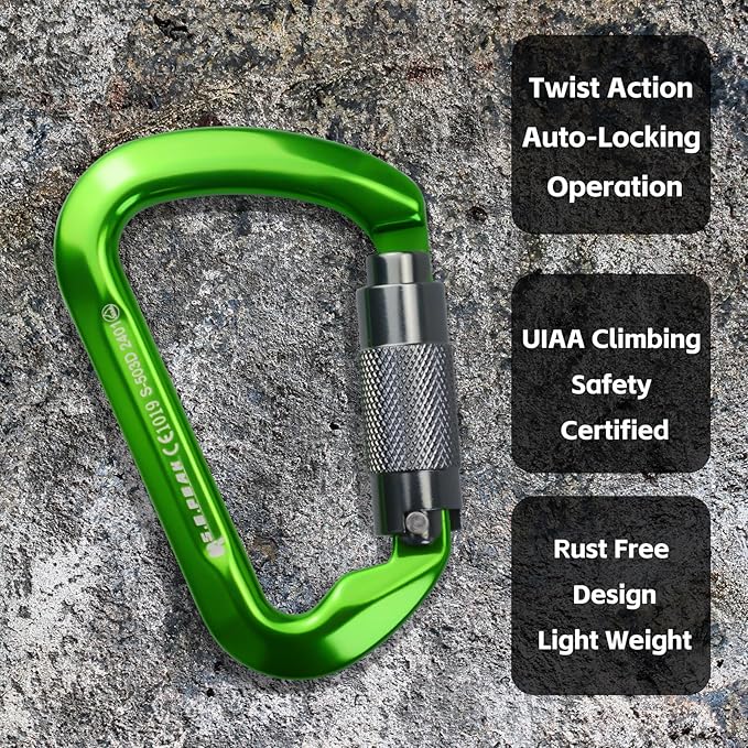 SEPEAK UIAA 30kN Climbing Carabiner Clips, Professional Heavy Duty Twist Locking Carabiners for Climbing,Mountaineering, Rappelling, Camping, Hiking, Swings, Large D Ring Hooks