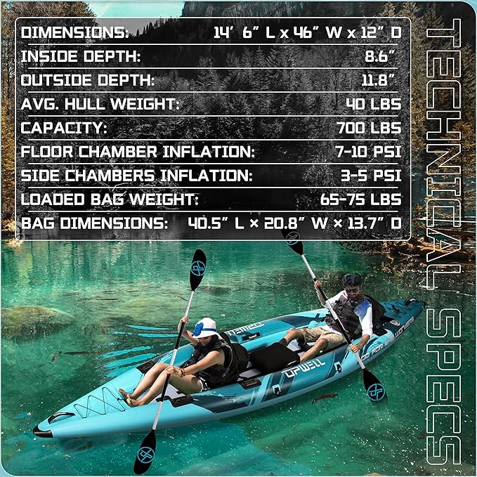 UPWELL 11'/14'6”Inflatable Kayak with Drop Stitch Floor and Accessories Including Kayak Seat with Thickened Cushion, Paddle, Fin, Repair Kits, Carry Bag and Hand Pump