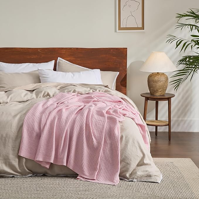 Bedsure 100% Cotton Blanket King Size for Bed - Breathable and Soft, Waffle Weave Blanket for Summer, Thick Cozy Fall Blankets for Women Gift, Pink, 104x90 inches