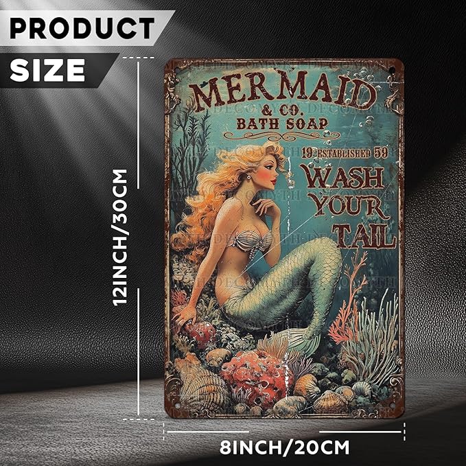 Retro Mermaid Tin Sign Wash Your Tail Vintage Metal Poster Funny Bath Soap Wall Art Toilet Bathroom Man Cave Bar Cafe Indoor Living Room Garage 12 * 8inch