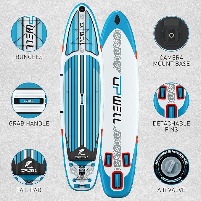 UPWELL 11’6”/11'2”/11'/10'8”/10'6”/10'2” Inflatable Stand Up Paddle Board with sup Accessories Including Backpack, Repairing Kits, Non-Slip Deck, Leash, 3 Fins, Paddle and Hand Pump