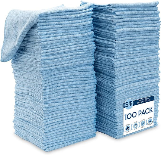 S&T INC. 100 Pack Microfiber Cleaning Cloth, Bulk Towels for Home, Reusable Microfiber Towels for Cars, Cleaning Rags, Light Blue, 11.5 Inches x 11.5 Inches, 100 Count