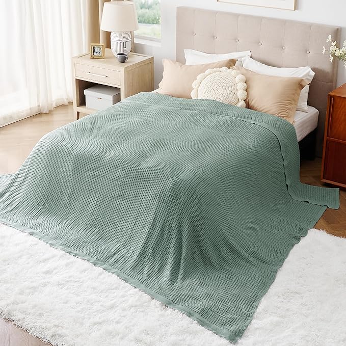 Bedsure 100% Cotton Large Blanket Oversized King for Bed - Breathable Thick Waffle Weave Blanket for Summer, Couch Cover, Sage Green, 120x94 inches