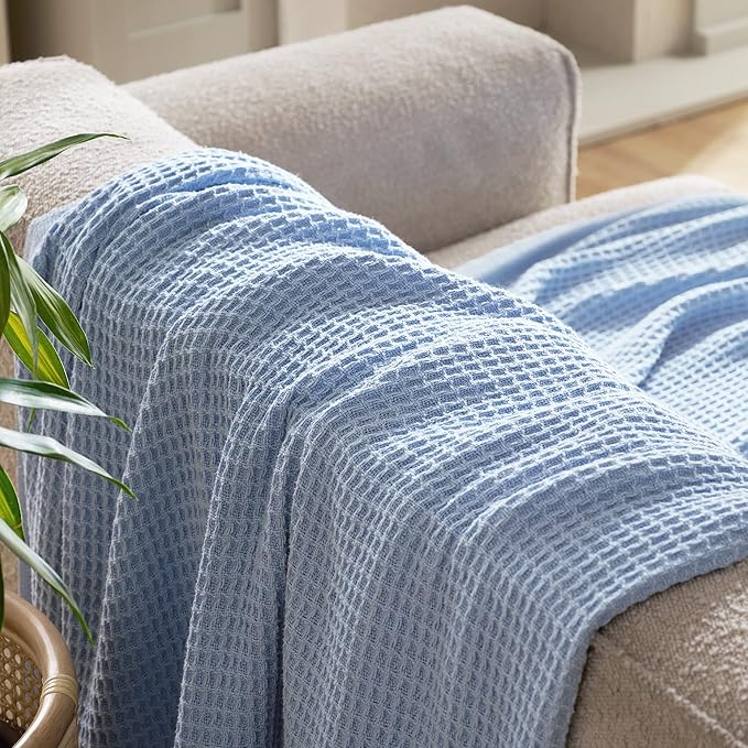 Bedsure 100% Cotton Blanket Twin XL Size for College Dorm - Breathable and Soft, Waffle Weave Twin Blanket for Summer, Dorm Room Essentials, Sky Blue, 66x90 inches