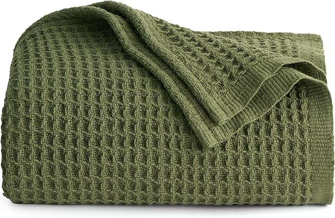 Bedsure 100% Cotton Blanket Twin XL Size for College Dorm - Breathable and Soft, Waffle Weave Twin Blanket for Summer, Dorm Room Essentials, Olive Green, 66x90 inches