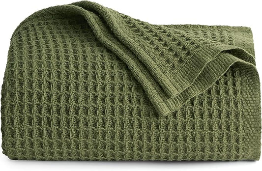 Bedsure 100% Cotton Blanket Twin XL Size for College Dorm - Breathable and Soft, Waffle Weave Twin Blanket for Summer, Dorm Room Essentials, Olive Green, 66x90 inches