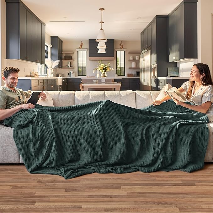 Bedsure 100% Cotton Blanket King Size for Bed - Breathable and Soft, Waffle Weave Blanket for Summer, Thick Cozy Fall Blankets for Women Gift, Dark Green, 104x90 inches