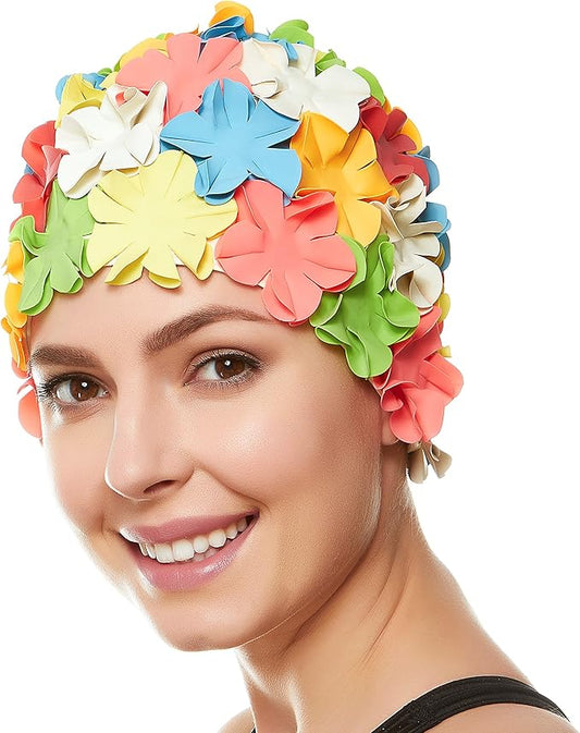 BEEMO Floral Petal Ladies Bathing Swim Cap Women Retro Swim Hat Long/Short Hair