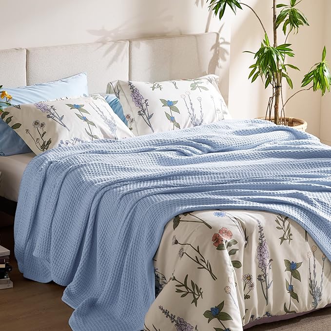 Bedsure 100% Cotton Blanket Twin XL Size for College Dorm - Breathable and Soft, Waffle Weave Twin Blanket for Summer, Dorm Room Essentials, Sky Blue, 66x90 inches