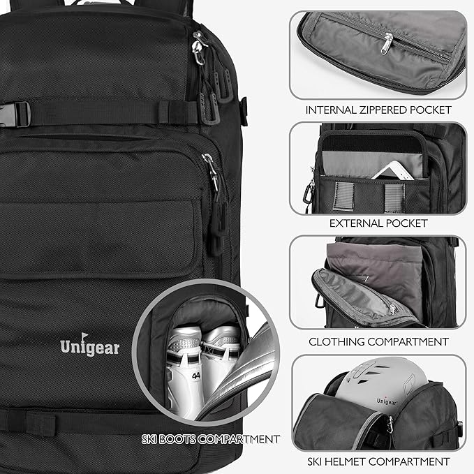 Unigear Ski Boot Bag, 70L Ski Boot Travel Backpack for Ski Helmet, Goggles, Gloves, Skis, Snowboard & Accessories（Black）